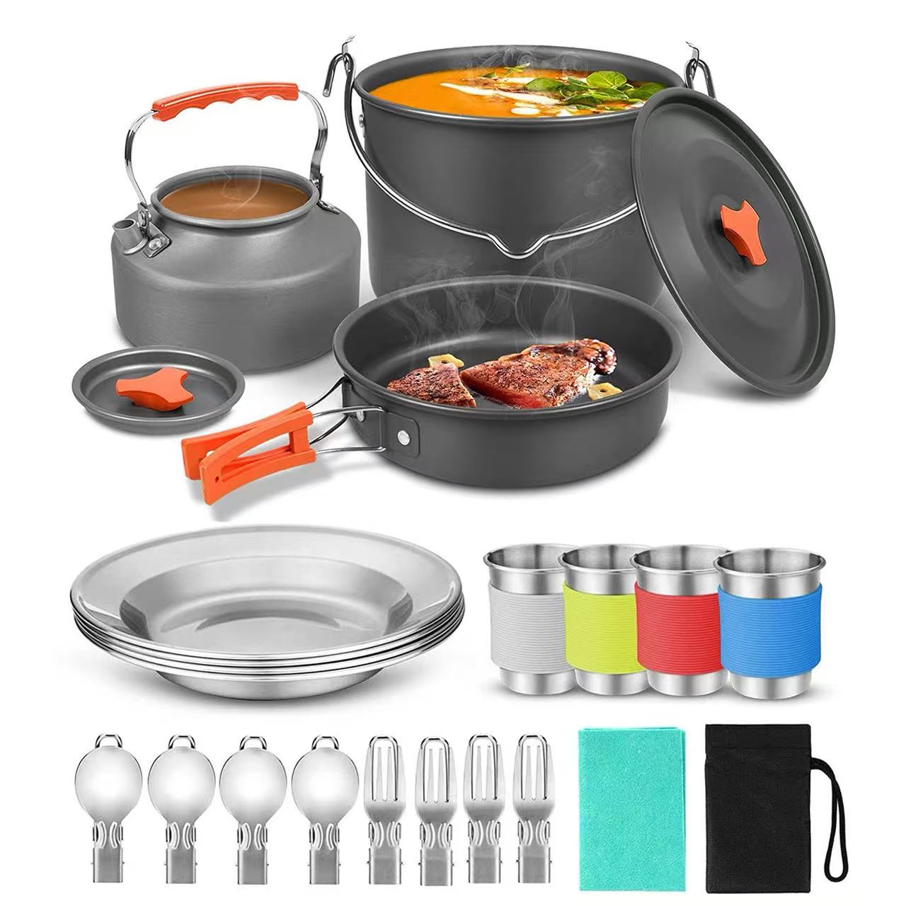 Camping Cooking Equipment Bag - 4～5人用アルミ製アウトドアキャンプ調理器具セット（メッシュバッグ、折りたたみ式調理器具、キャンプキッチン、調理用ティーポット、鍋、調理器具付き）
