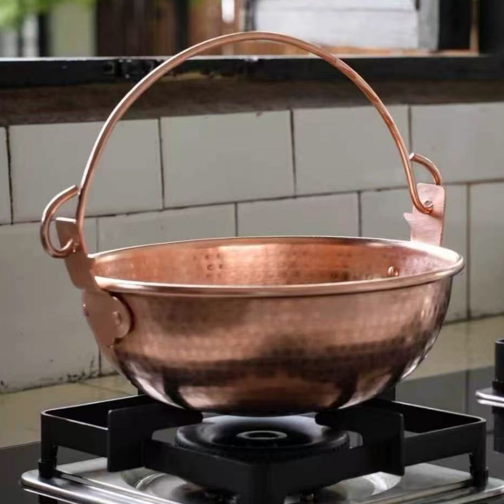 Camping Cooking Pot - ヴィンテージ銅製吊り下げ鍋、アウトドアキャンプ用厚手鍋調理器具、パスタの煮込み、手作りハンマーテクスチャ鍋