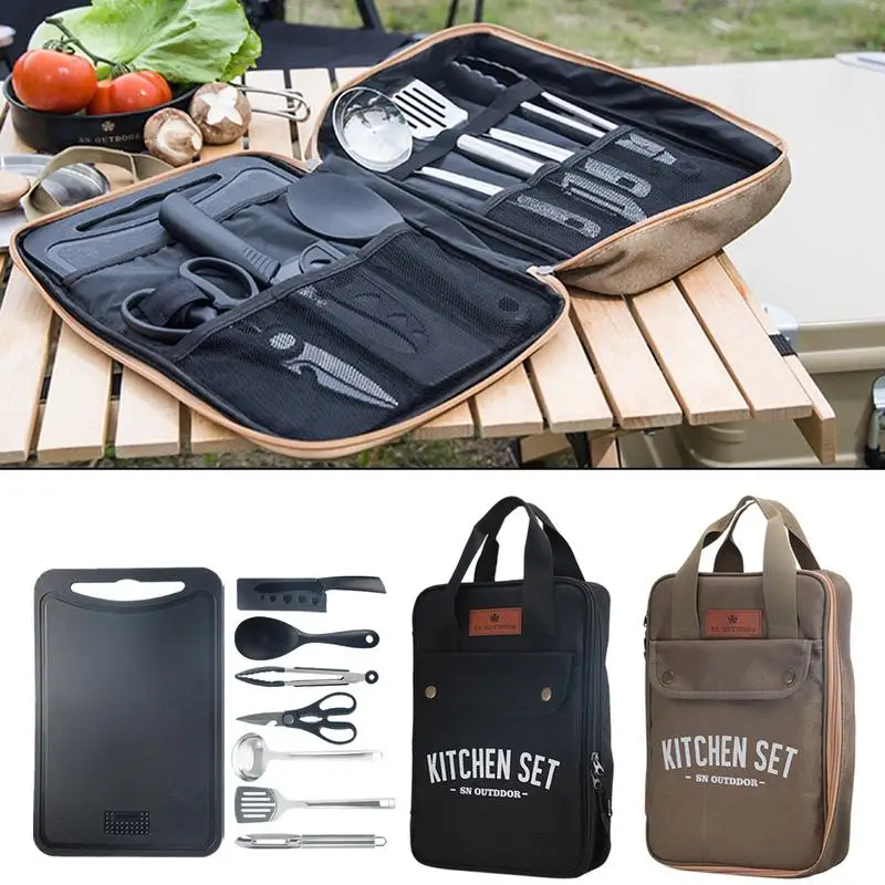 Camping Cooking Kit - 8点セット キャンプキッチン調理器具セット ポータブル屋外旅行用具 ステンレス製調理・グリルセット バーベキューピクニック用