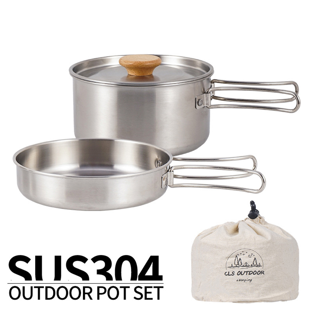 Camping Cooking Equipment Bag - ポータブルキャンプパンステンレス鋼調理鍋セット折りたたみハンドル付き収納袋付き旅行食器ピクニック用品