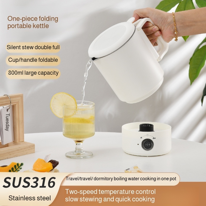 Camping Cooking Equipment Electric - 折りたたみ式トラベルケトル ポータブル電気湯沸かし器 ステンレス製ミニ加熱カップ 出張・寮用 麺類調理鍋