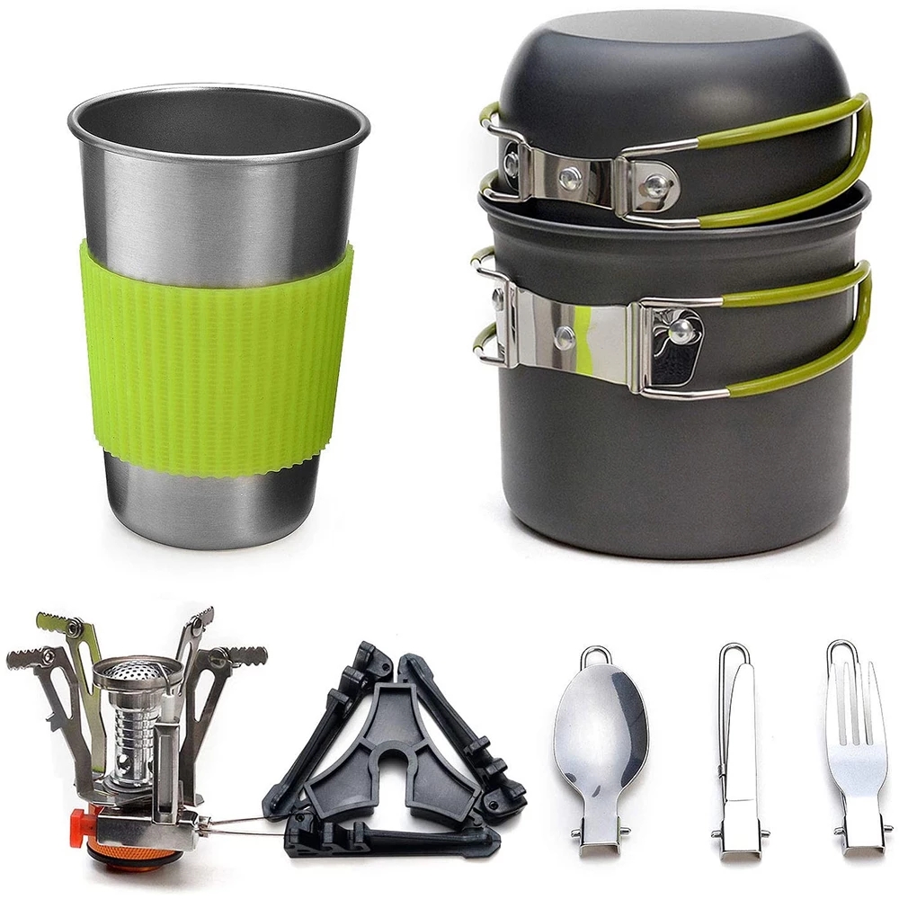 Camping Cooking Kit - キャンプ調理器具キット ストーブ付き アウトドアクッキングセット アウトドアポット 旅行食器 キッチン