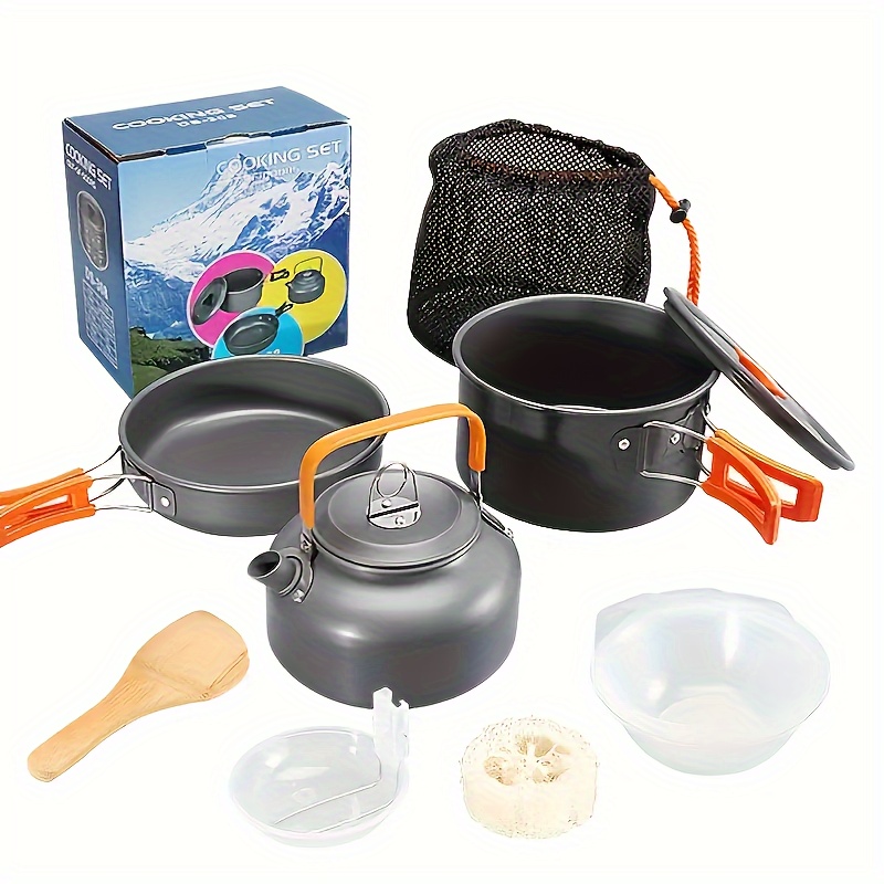 Camping Cooking Equipment Bag - 超軽量、耐久性があり、持ち運び可能な屋外用アルミニウム合金調理器具セット、クイックリリース収納、キャンプポット+フライパン+ケトル+カトラリー、ハイキング、トレッキング、ピクニック、バーベキュー用品、ポータブルキャンプ調理器具