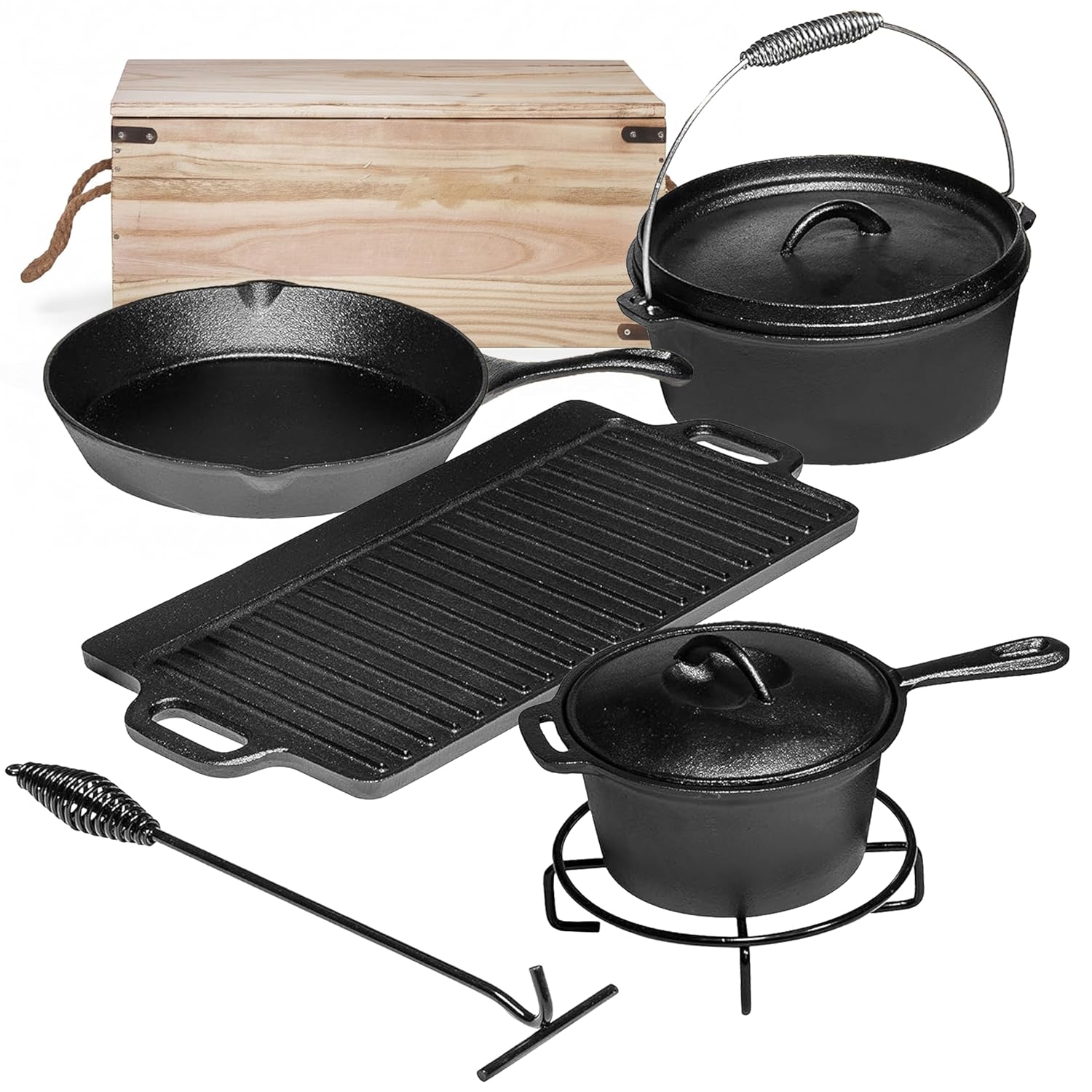 キャンプ用調理器具7点セット。 プレシーズン加工済みの鋳鉄製 - Camping Cooking Cast Iron のレビューと価格