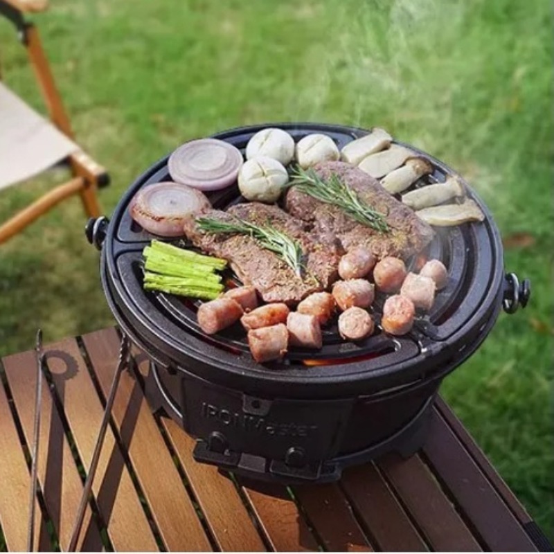 丸型炭火焼きグリル、食品安全な鋳鉄製BBQ、屋外、別荘、庭園 - Camping Cooking Cast Iron のレビューと価格